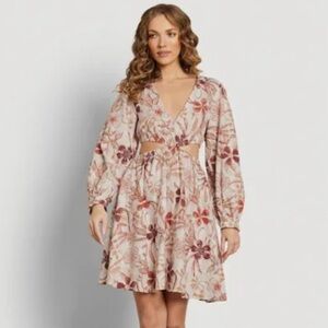 Sam Edelman cream beige florals  linen blend side cut out mini dress